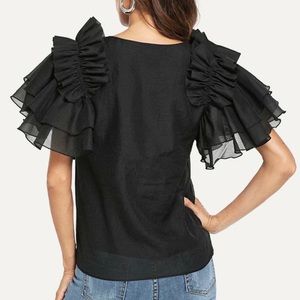 Black large ruffle sleeves blouse